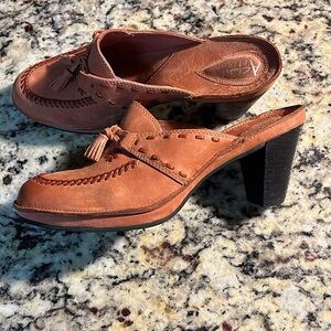 Clarks Tan Leather Mules with Tassel Detail